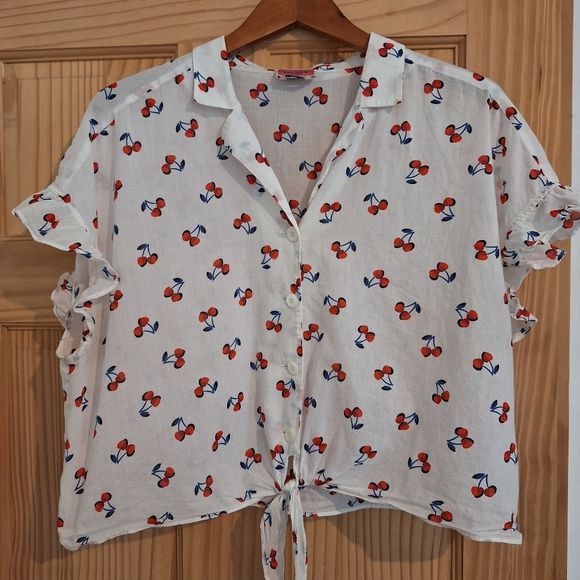 Kate Spade Cherry toss tie-front top, French cream, all cotton XL - Picture 1 of 10